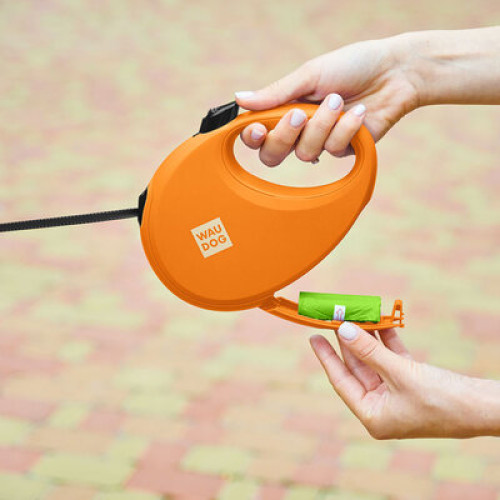 Поводок-рулетка для собак WAUDOG R-leash с контейнером, оранжевый