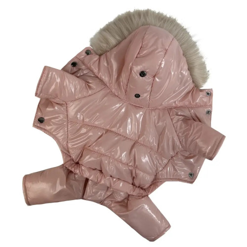 Зимний лакированный комбинезон для собак розового цвета A-80