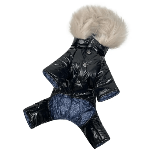 Зимний лакированный комбинезон для собак чёрного цвета A-69