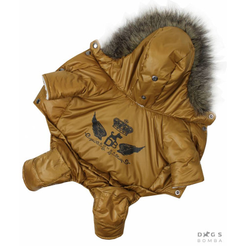 Зимний комбинезон для собак с капюшоном на меху цвета горчица AM-16