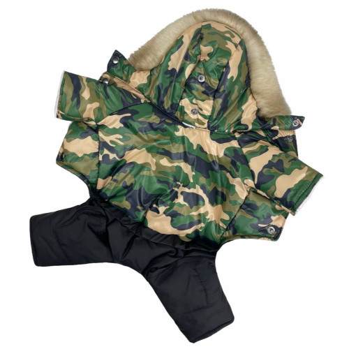 Зимовий комбінезон для собак на хутрі з капюшоном кольору Мілітарі AM-2