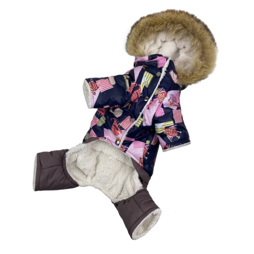 Зимовий теплий комбінезон для собак на хутрі з капюшоном сови AM-21