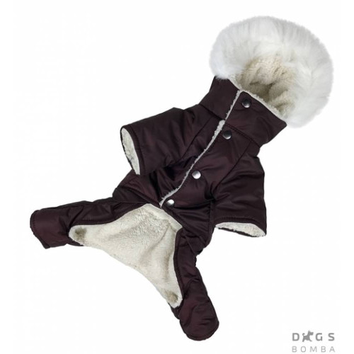Коричневый зимний теплый комбинезон для собак на меху с капюшоном AM-6