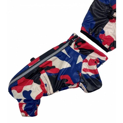 Дождевик для собак на флисе милитари красно-синий MF-26 со съемным капюшоном