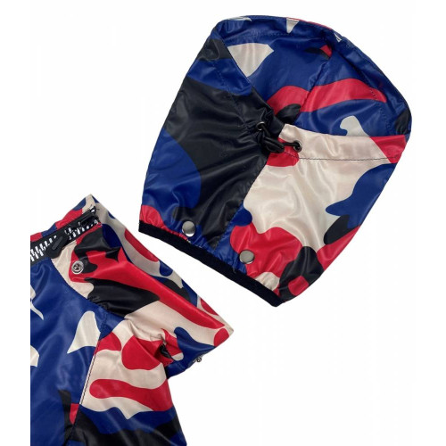 Дождевик для собак на флисе милитари красно-синий MF-26 со съемным капюшоном