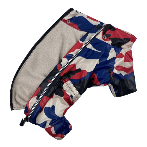 Дождевик для собак на флисе милитари красно-синий MF-26 со съемным капюшоном