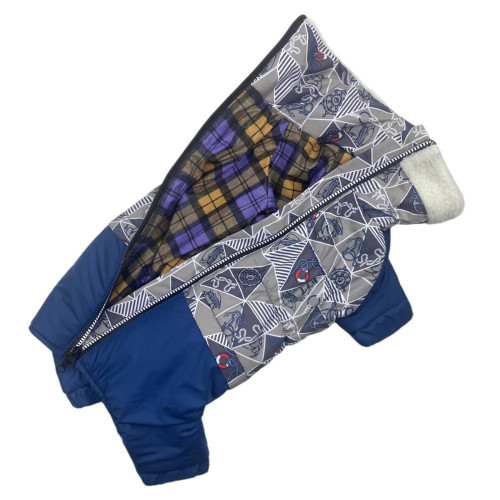 Зимний комбинезон для таксы и корги RT-17 синего цвета с рисунком якорь