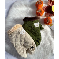 Теплый зимовий комбінезон для дрібних пород собак у кольорі хакі і крем-брюле