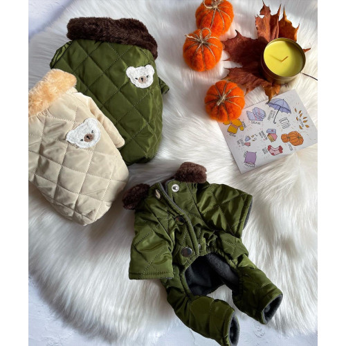 Теплый зимний комбинезон для мелких пород собак в цветах хаки и крем-брюле