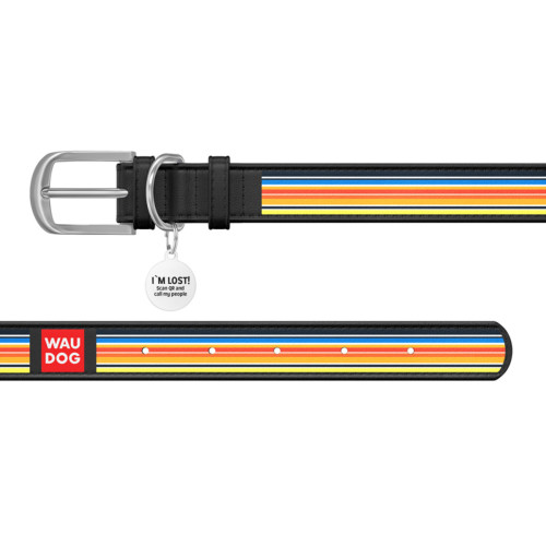 Нашийник WAUDOG Design з малюнком “Лінії 2”, чорна преміум шкіра, металева пряжка