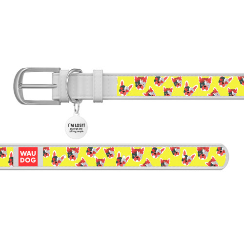 Ошейник WAUDOG Design с рисунком "Француз", белая премиум кожа, металлическая пряжка