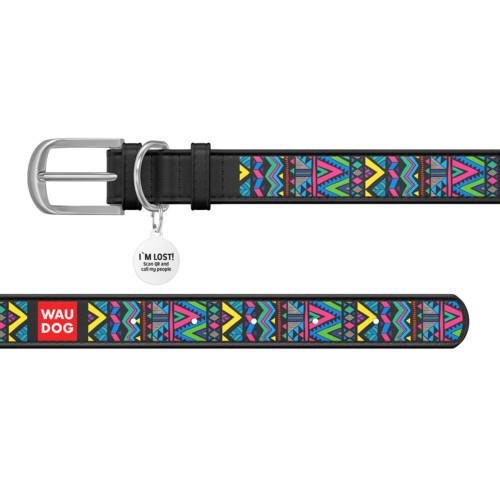 Ошейник WAUDOG Design с рисунком "Инди", чёрная премиум кожа, металлическая пряжка