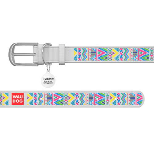 Нашийник WAUDOG Design з малюнком “Інді”, біла преміум шкіра, металева пряжка