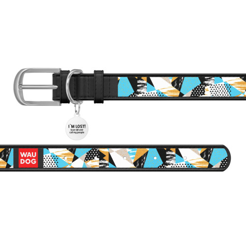 Ошейник WAUDOG Design с рисунком "Абстракция", чёрная премиум кожа, металлическая пряжка