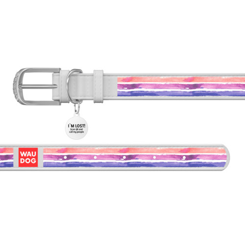 Ошейник WAUDOG Design с рисунком "Акварельные полоски 2", белая премиум кожа, металлическая пряжка