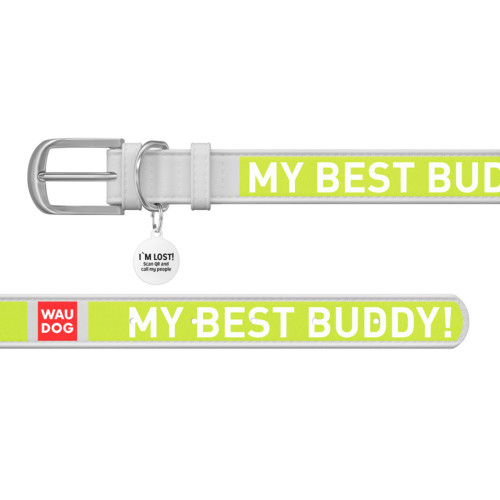 Ошейник WAUDOG Design с рисунком "Друг", белая премиум кожа, металлическая пряжка