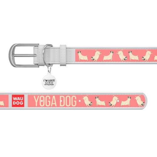 Ошейник WAUDOG Design с рисунком "Йога-пёс", белая премиум кожа, металлическая пряжка