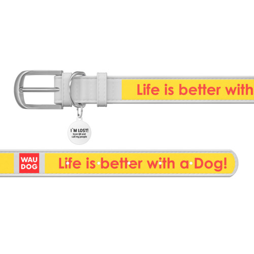 Ошейник WAUDOG Design с рисунком "Лучшая жизнь", белая премиум кожа, металлическая пряжка