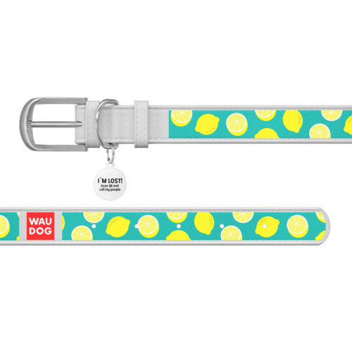 Ошейник WAUDOG Design с рисунком "Лимоны", белая премиум кожа, металлическая пряжка