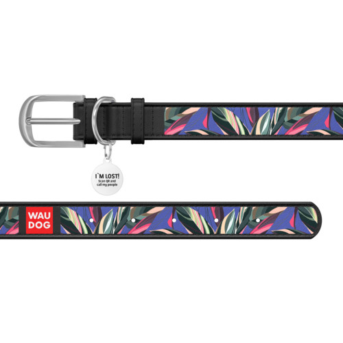 Ошейник WAUDOG Design с рисунком "Листья", чёрная премиум кожа, металлическая пряжка