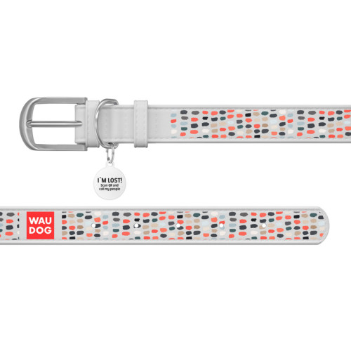 Ошейник WAUDOG Design с рисунком "Смешные точки", белая премиум кожа, металлическая пряжка