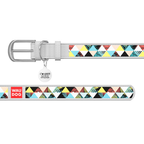 Нашийник WAUDOG Design з малюнком “Печворк”, біла преміум шкіра, металева пряжка