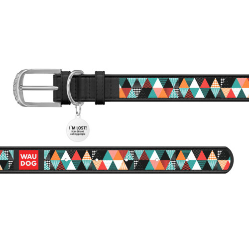 Нашийник WAUDOG Design з малюнком “Печворк 2”, чорна преміум шкіра, металева пряжка