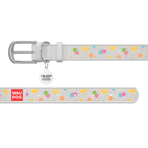 Ошейник WAUDOG Design с рисунком "Ананасы и мороженое", белая премиум кожа, металлическая пряжка