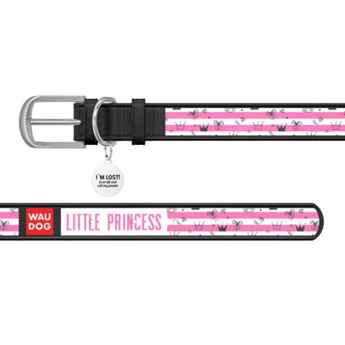 Ошейник WAUDOG Design с рисунком "Принцесса", чёрная премиум кожа, металлическая пряжка