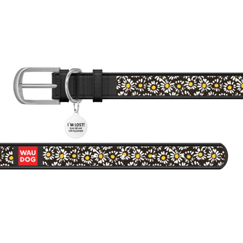Ошейник WAUDOG Design с рисунком "Ромашка", чёрная премиум кожа, металлическая пряжка