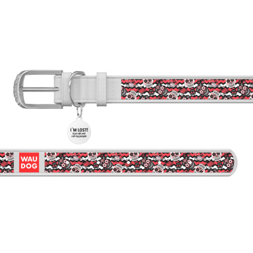 Ошейник WAUDOG Design с рисунком "Сахарные черепа", белая премиум кожа, металлическая пряжка