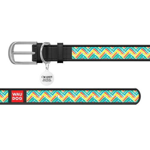 Ошейник WAUDOG Design с рисунком "Зигзаг", чёрная премиум кожа, металлическая пряжка