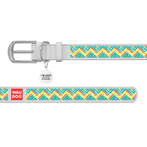 Ошейник WAUDOG Design с рисунком "Зигзаг", белая премиум кожа, металлическая пряжка