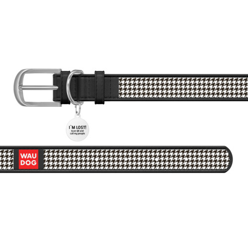 Ошейник WAUDOG Design с рисунком "Шанель", чёрная премиум кожа, металлическая пряжка