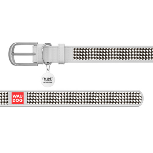 Ошейник WAUDOG Design с рисунком "Шанель", белая премиум кожа, металлическая пряжка
