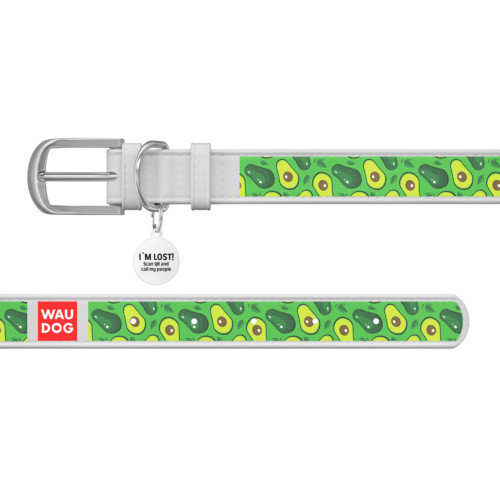Ошейник WAUDOG Design с рисунком "Авакадо", белая премиум кожа, металлическая пряжка