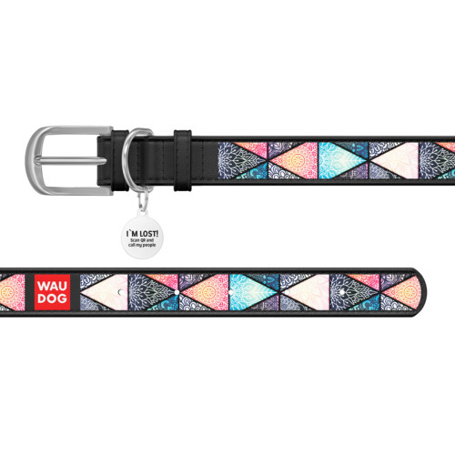 Ошейник WAUDOG Design с рисунком "Бохо", чёрная премиум кожа, металлическая пряжка