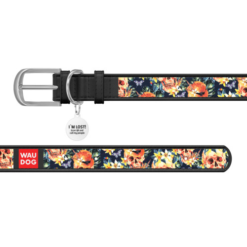 Ошейник WAUDOG Design с рисунком "Гламурные черепа", чёрная премиум кожа, металлическая пряжка