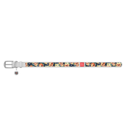 Ошейник WAUDOG Design с рисунком "Гламурные черепа", белая премиум кожа, металлическая пряжка