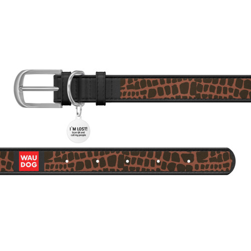 Ошейник WAUDOG Design с рисунком "Жираф", чёрная премиум кожа, металлическая пряжка