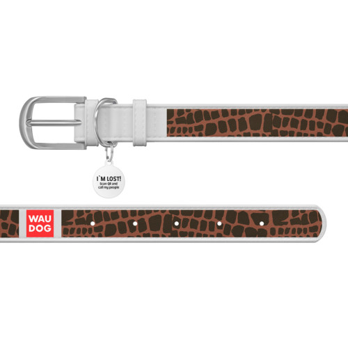 Ошейник WAUDOG Design с рисунком "Жираф", белая премиум кожа, металлическая пряжка