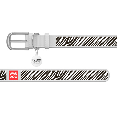 Ошейник WAUDOG Design с рисунком "Игривые собачки", белая премиум кожа, металлическая пряжка