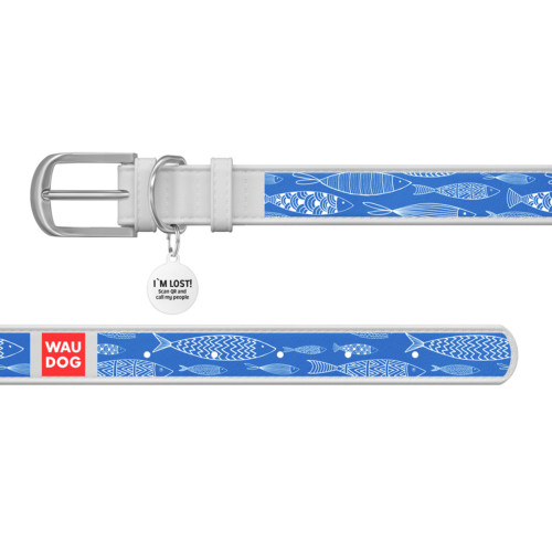 Ошейник WAUDOG Design с рисунком "Рыба", белая премиум кожа, металлическая пряжка