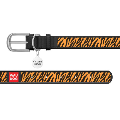 Ошейник WAUDOG Design с рисунком "Тигр", чёрная премиум кожа, металлическая пряжка
