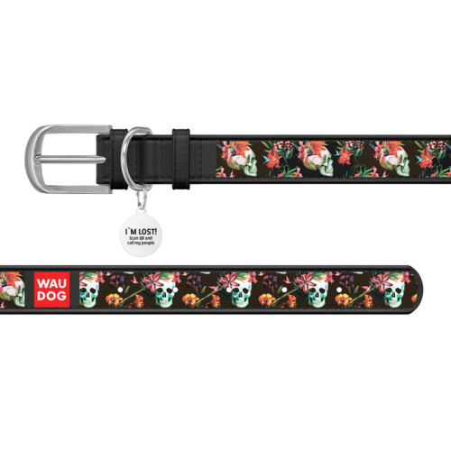 Ошейник WAUDOG Design с рисунком "Черепа", чёрная премиум кожа, металлическая пряжка