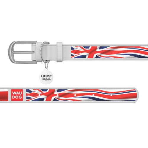 Ошейник WAUDOG Design с рисунком "Юнион Джек", белая премиум кожа, металлическая пряжка