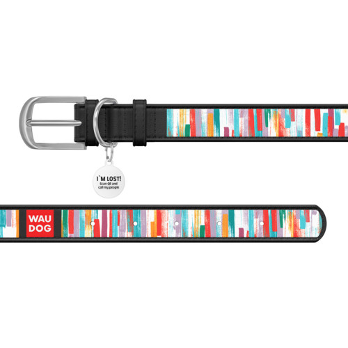 Ошейник WAUDOG Design с рисунком "Яркие полоски", чёрная премиум кожа, металлическая пряжка