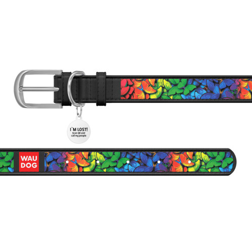 Нашийник WAUDOG Design з малюнком “Райдужні метелики”, чорна преміум шкіра, металева пряжка