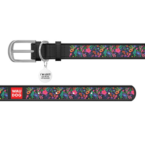 Нашийник WAUDOG Design з малюнком “Чарівні квіти”, чорна преміум шкіра, металева пряжка