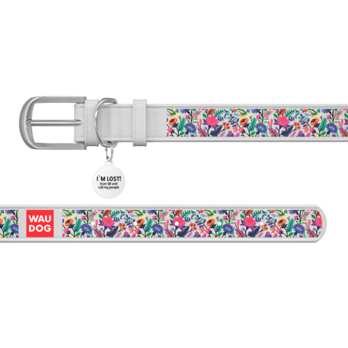 Нашийник WAUDOG Design з малюнком “Чарівні квіти”, біла преміум шкіра, металева пряжка